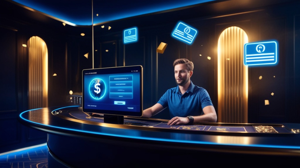 Speler bekijkt opname-status in een donker casino met bank- en wallet-symbolen