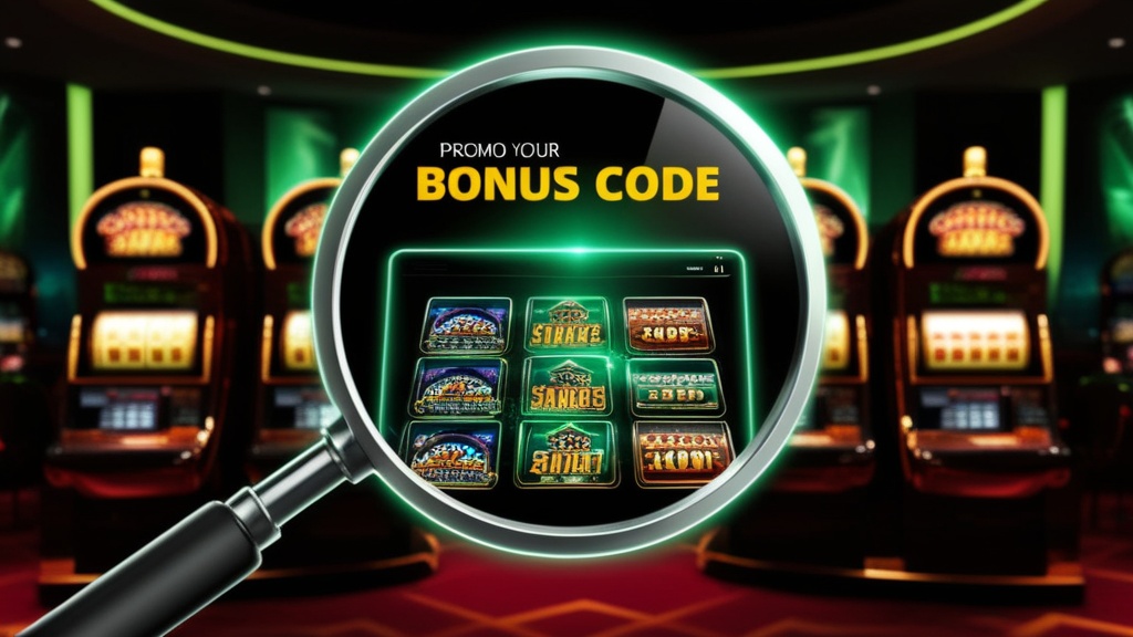 Bonuscode op scherm met vergrootglas in een donker casino