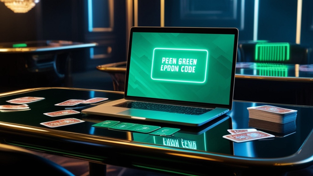 Promocode op laptop naast speelkaarten in een donker casino
