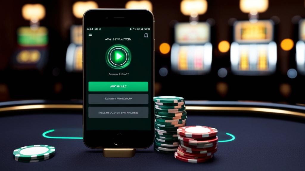 Android-telefoon met een APK-installatiescherm in een donkere casinoruimte
